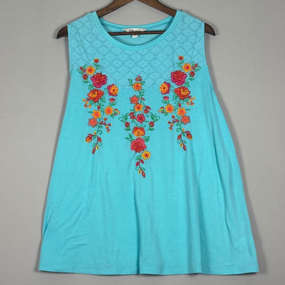 The Pioneer Woman Tank Top Women XL Turquoise Floral Embroidered Eyelet Lace